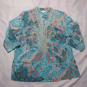 CHARTER CLUB womens TUNIC paisley EMBROIDERED metallic aqua CORAL SIZE 1X